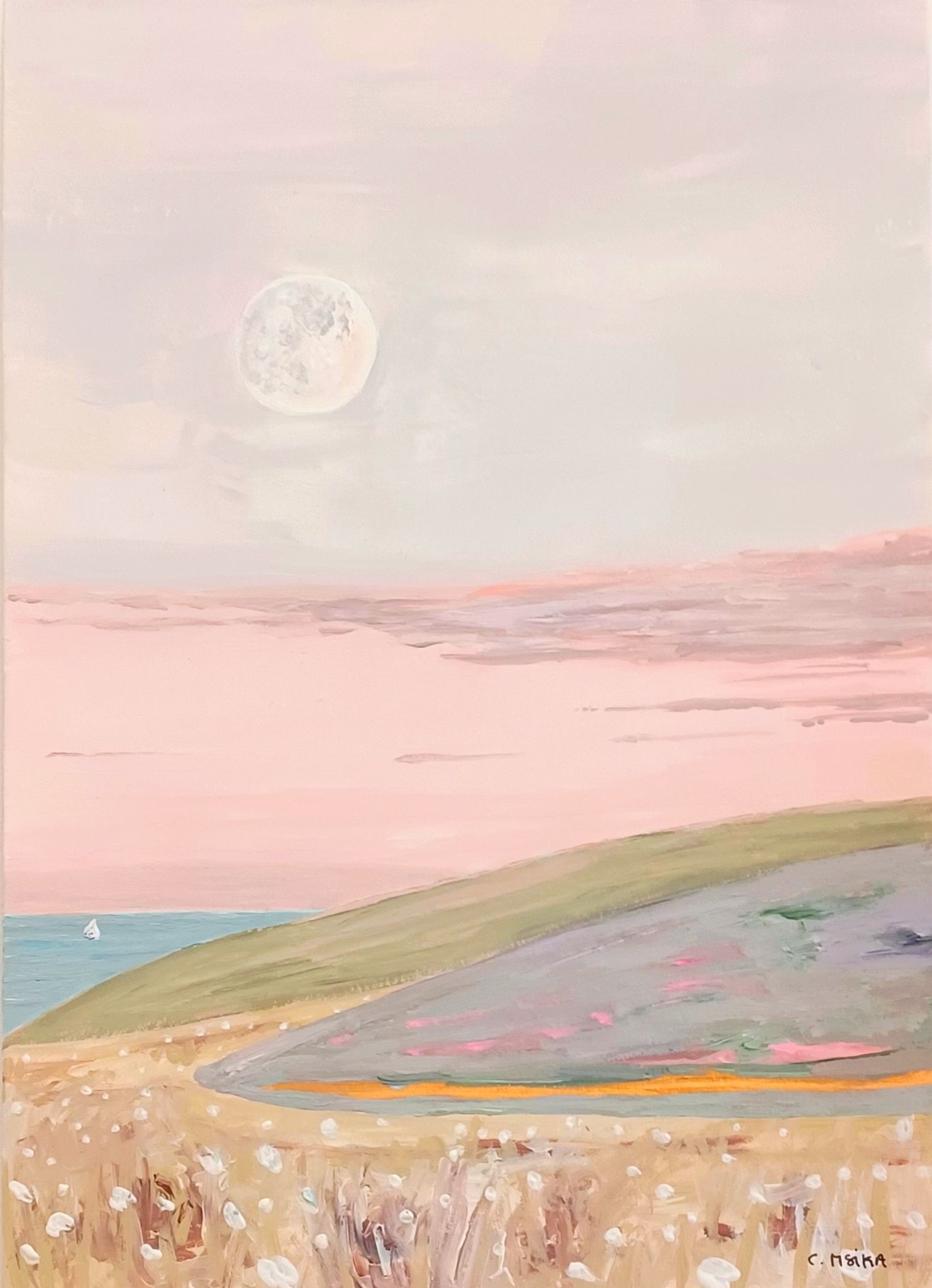 Painting in pastel colors representing a landscape by the sea at dusk.