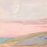 Painting in pastel colors representing a landscape by the sea at dusk.