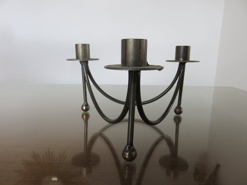 Tripod candlestick in crude steel for 3 candles 70s