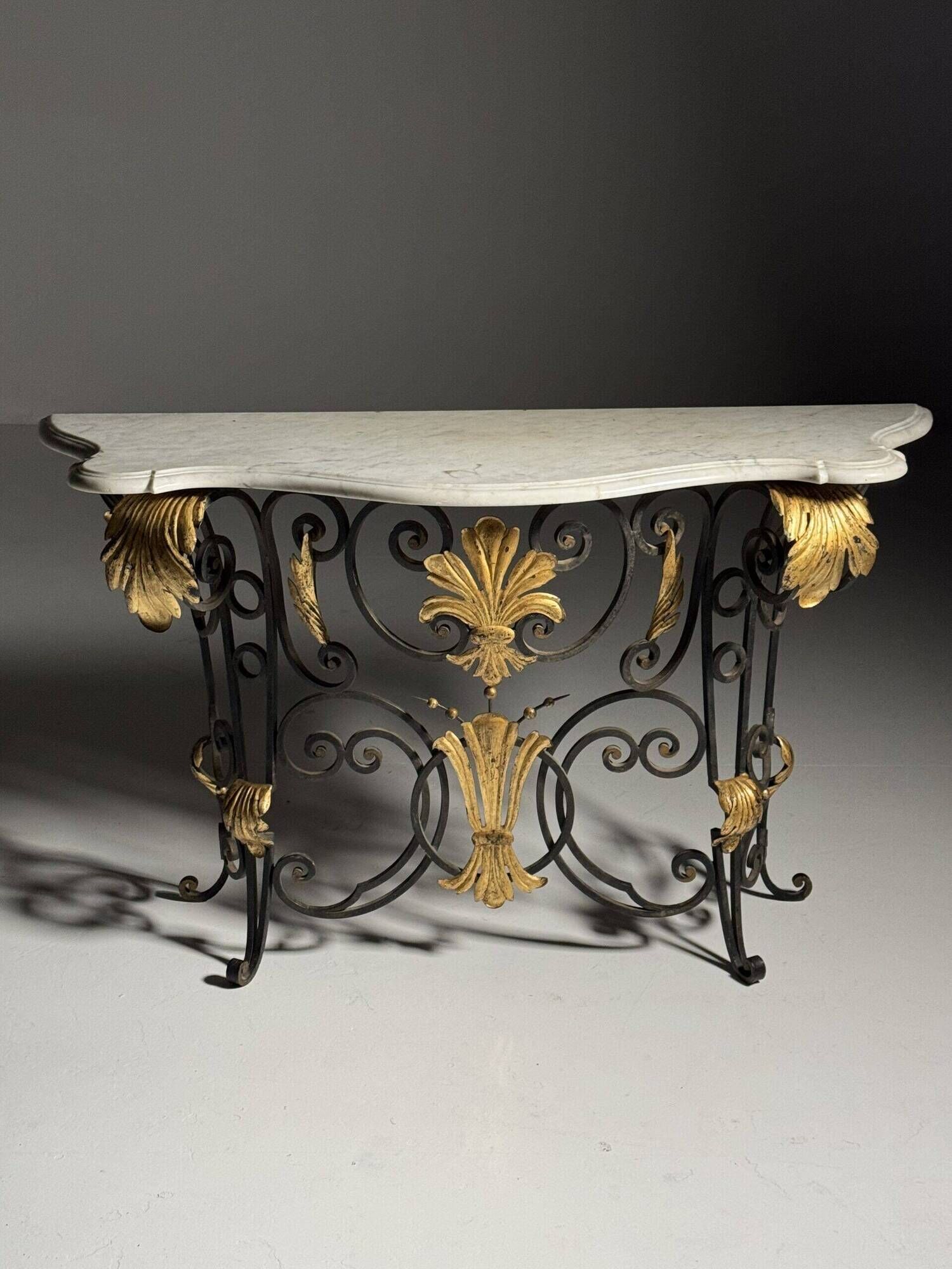 Table console en fer forgé avec marbre, années 1950