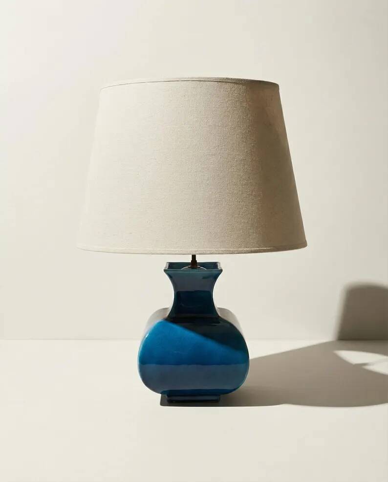 Vintage ceramic lamp Molin Charolles glazed turquoise blue - French 1970s