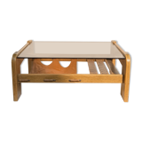 Brutalist wabi sabi slated coffee table with leather magazine holder