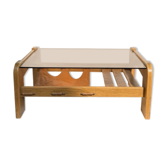 Brutalist wabi sabi slated coffee table with leather magazine holder