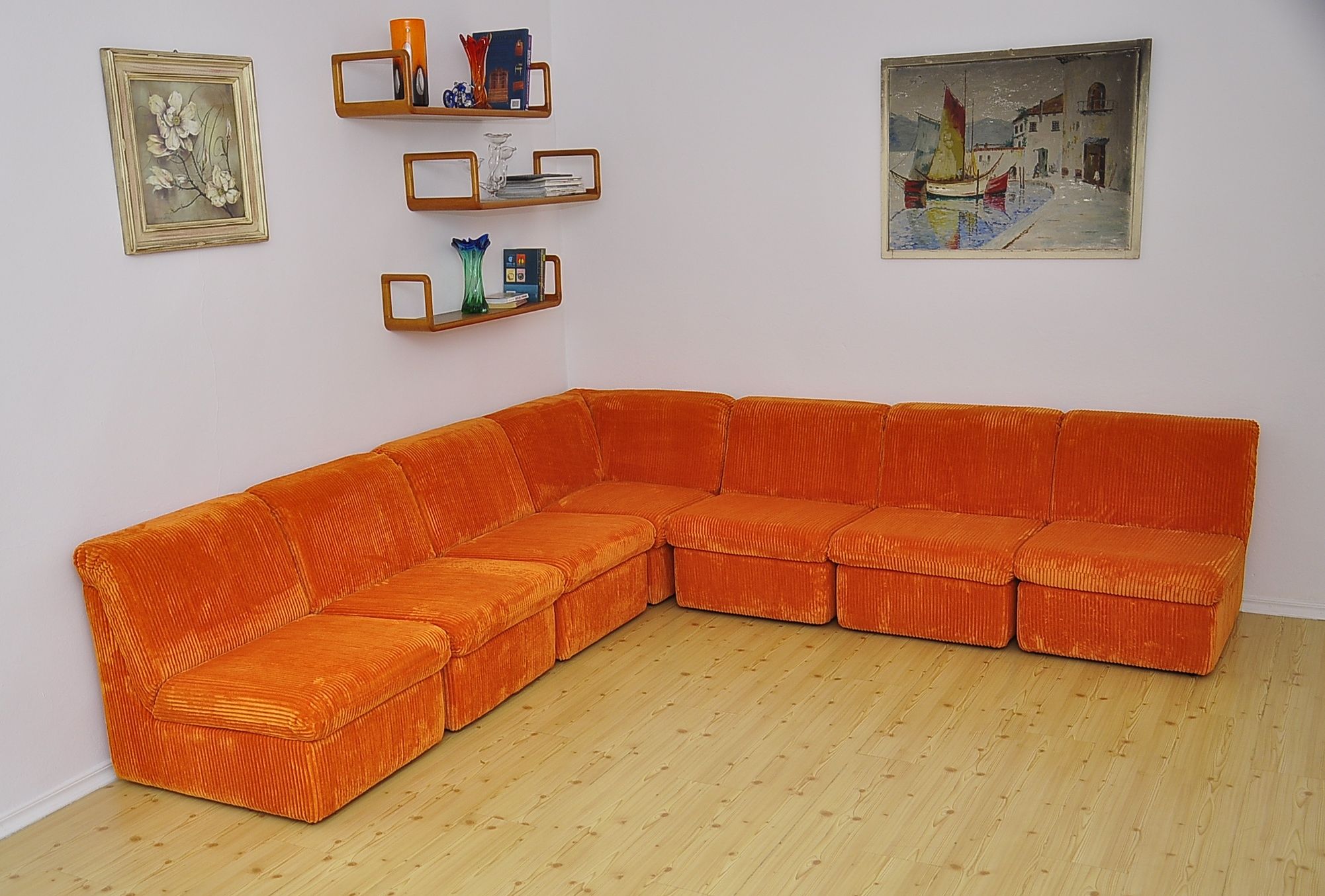 Mid-century orange corduroy modular sofa, 1970s