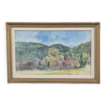 Aquarelle vintage – Village au pied des collines