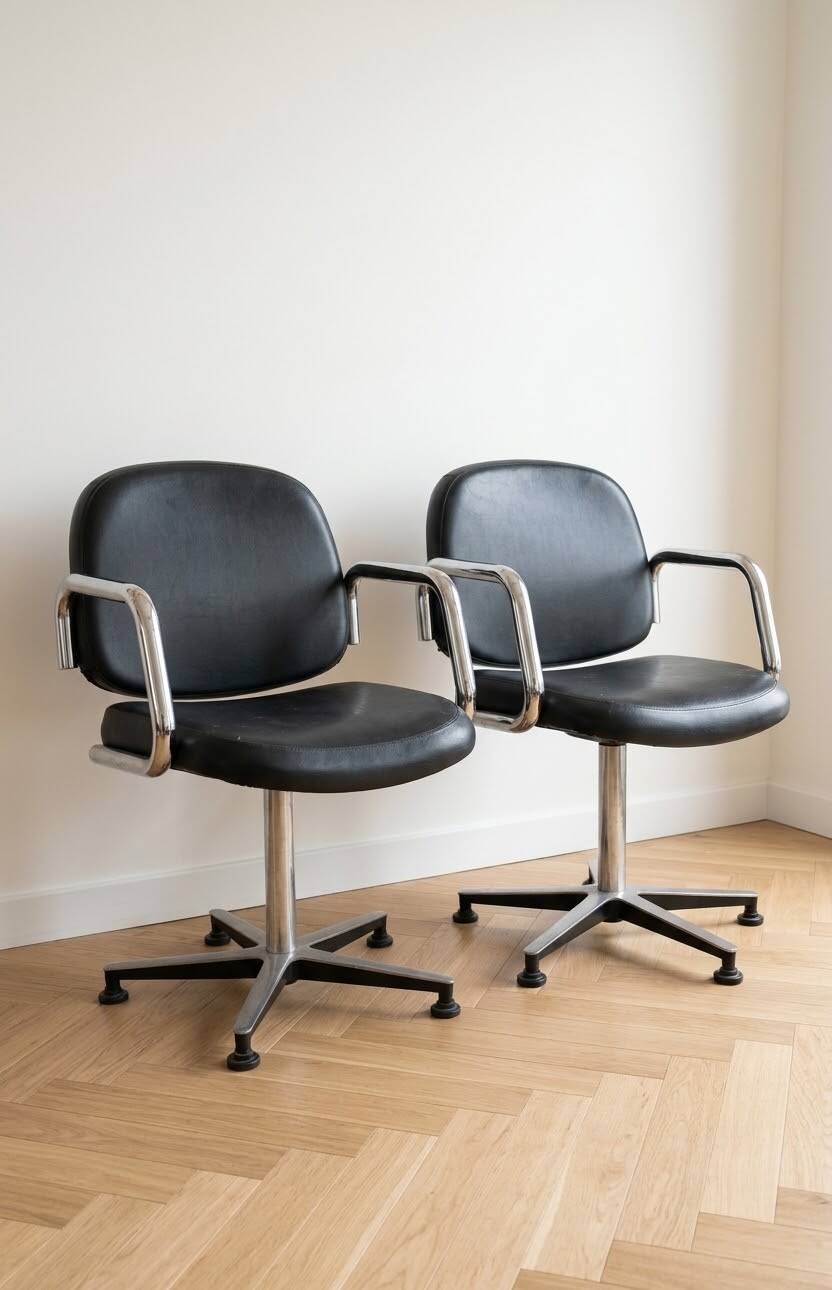 Pair of vintage swivel armchairs in metal and black faux leather.
