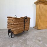 Magazine rack or log rack in straw with brutalist base from the 50s