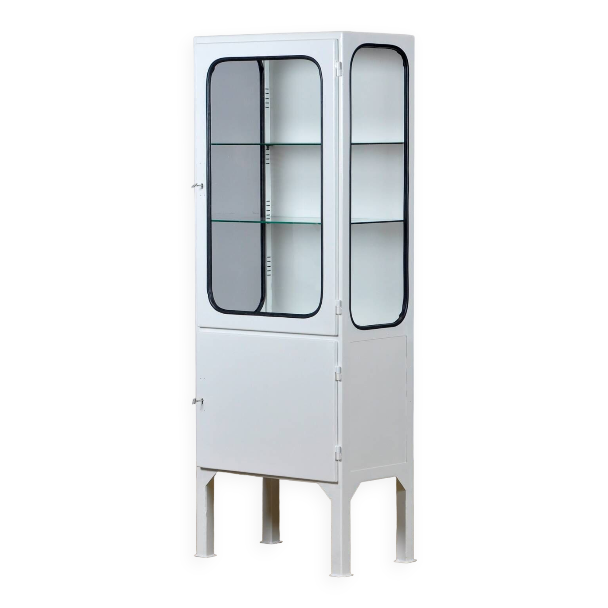 Restored vintage iron and glass medical cabinet, 1970s