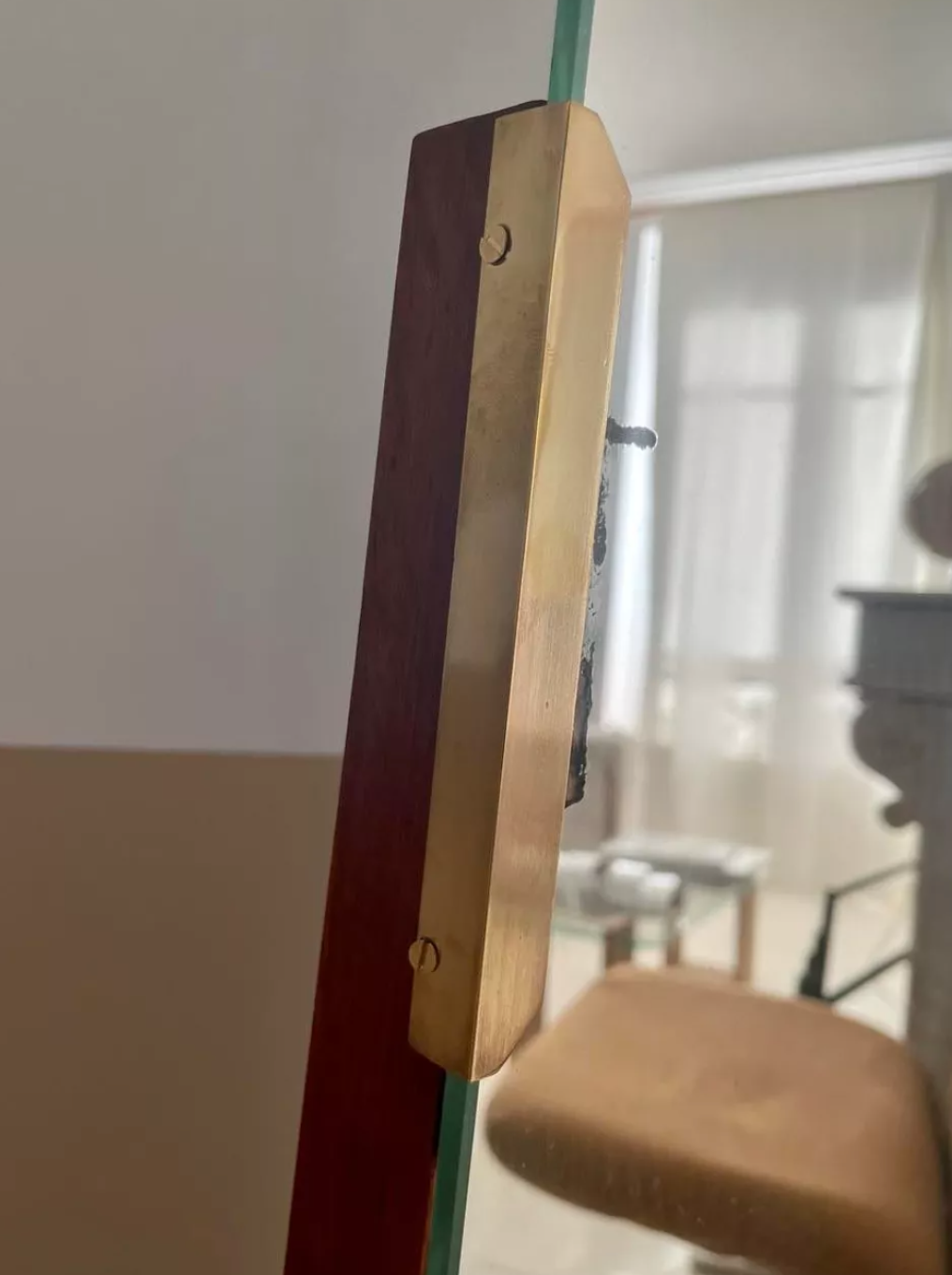 Vintage psyche art-deco mirror, oak and brass, France 1930