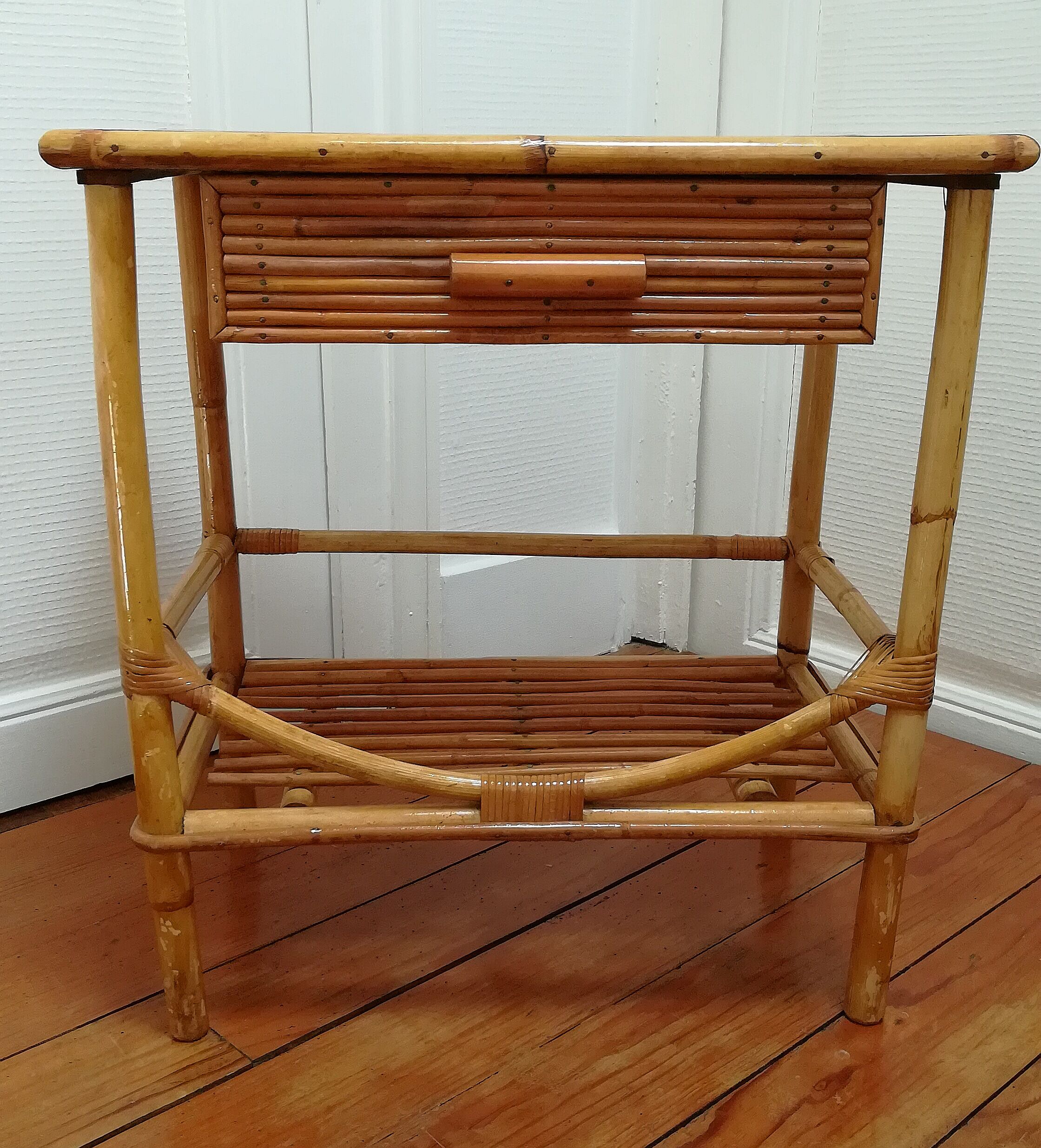Rattan and vintage bamboo bedside table