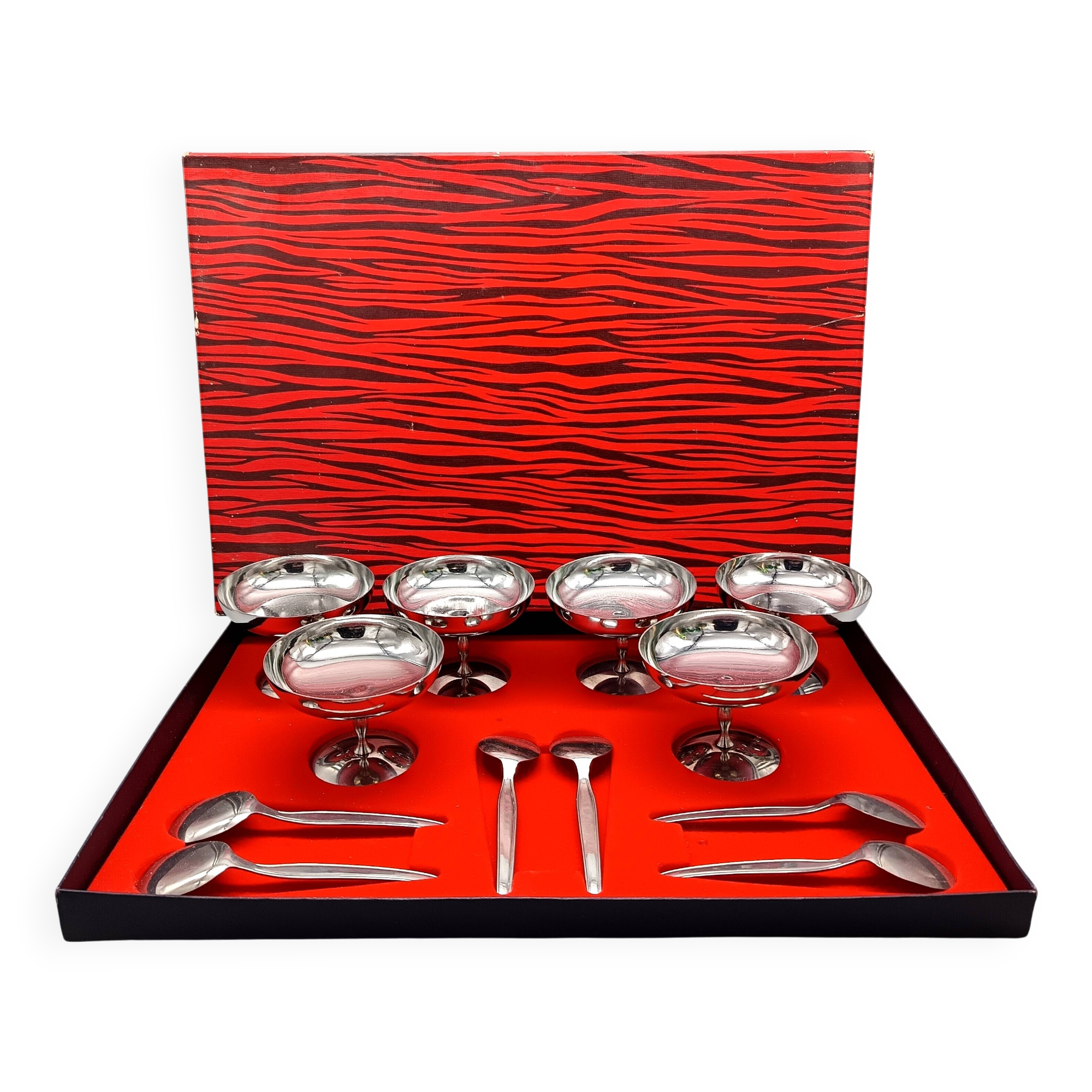 6 stainless steel ice cream cups and spoons, French, stainless steel bowl