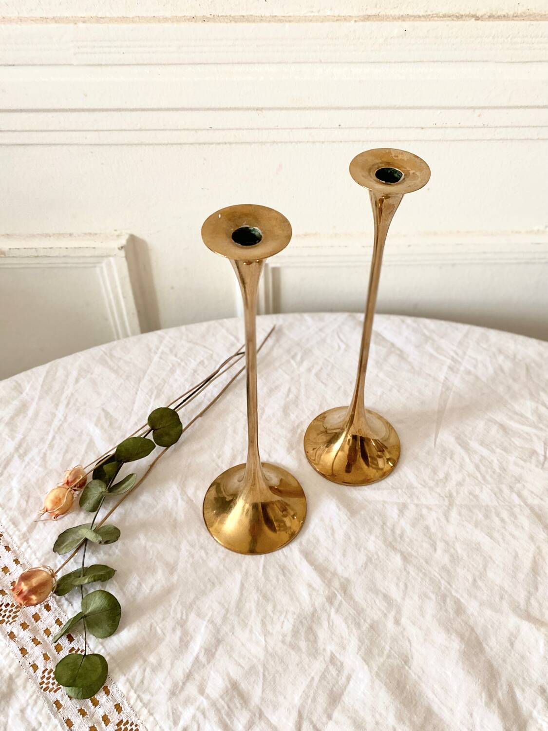 Pair of Scandinavian candlesticks in gilded brass H 23 cm