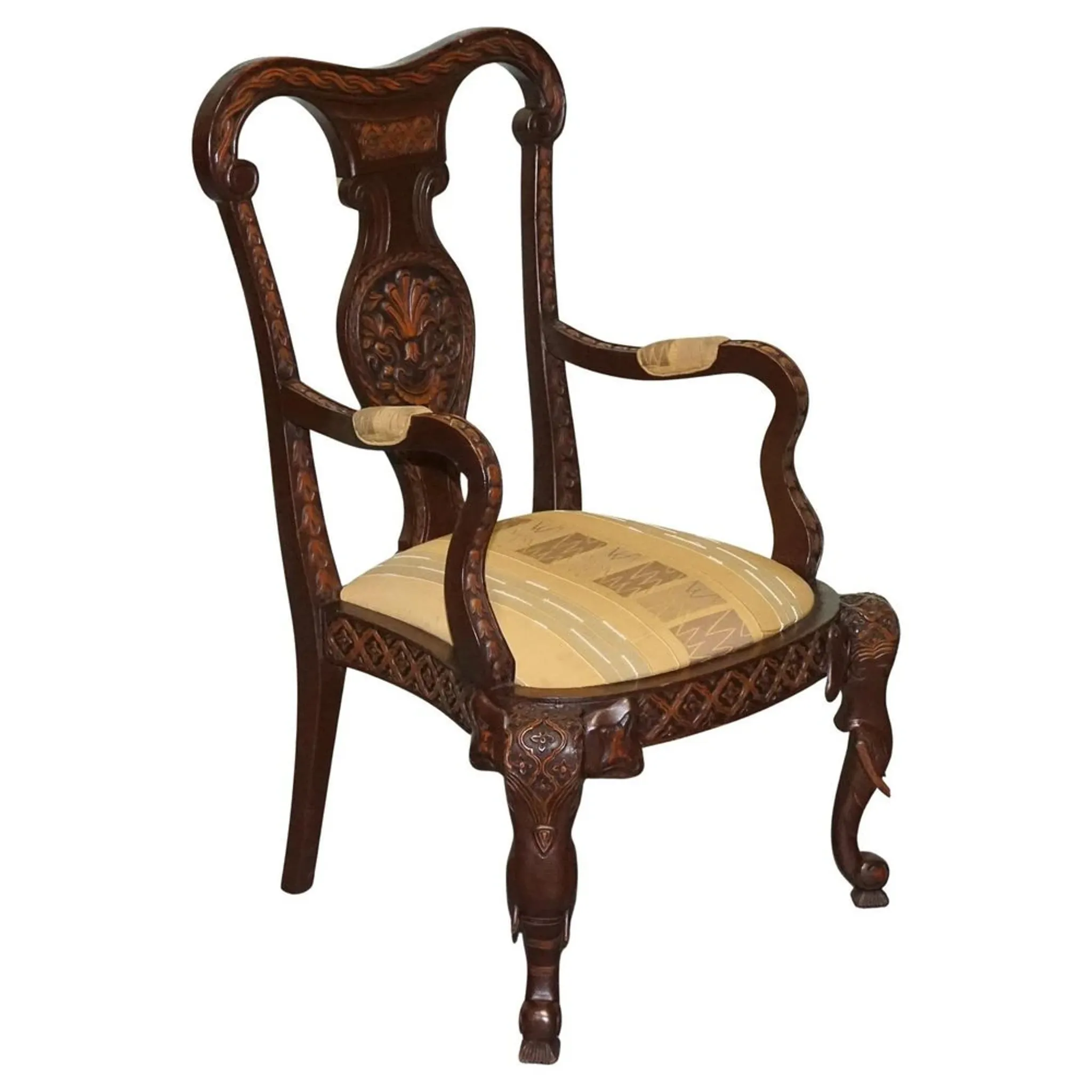Heavily Carved Anglo-Indian Wooden Armchair