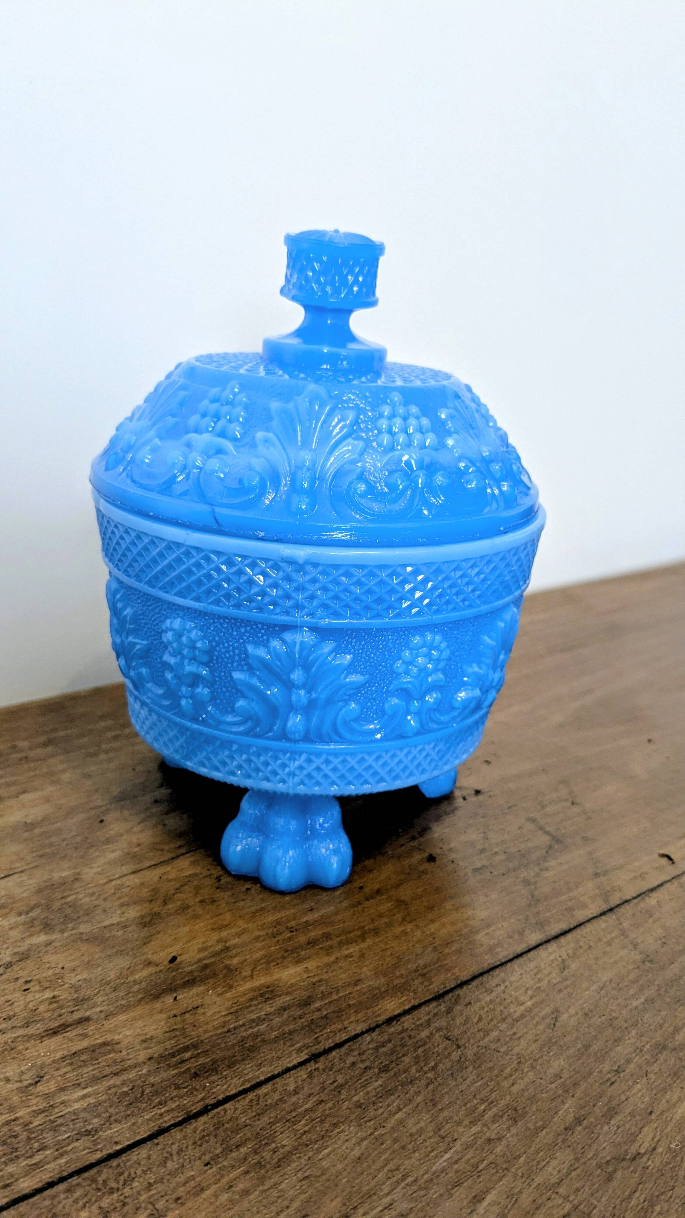 Blue moulded opaline bonbonnière, first half of the 20th century.