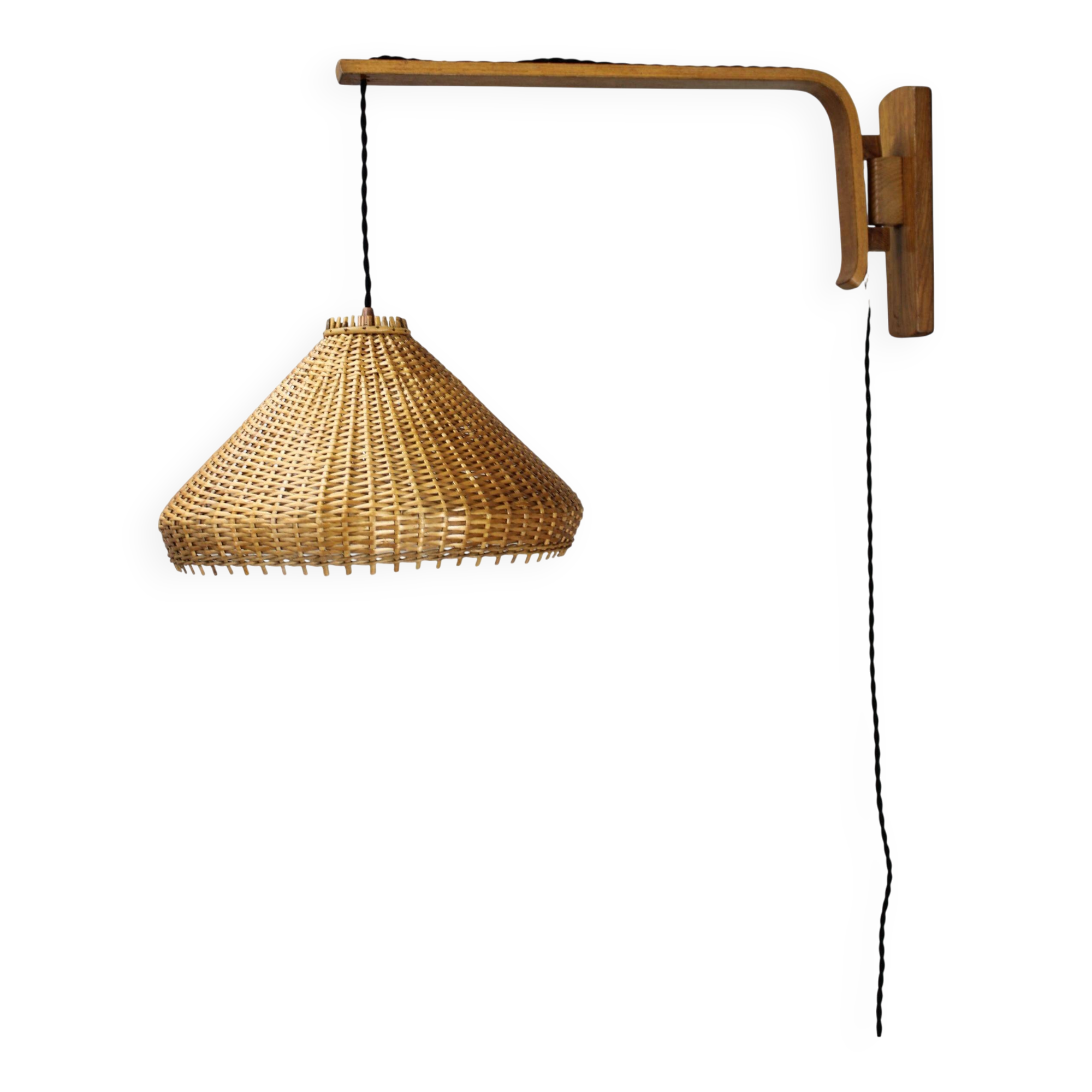 Adjustable oak and wicker wall lamp, Czechoslovakia, 1970s