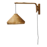 Adjustable oak and wicker wall lamp, Czechoslovakia, 1970s