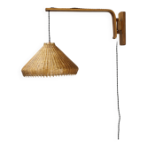 Adjustable oak and wicker wall lamp, Czechoslovakia, 1970s