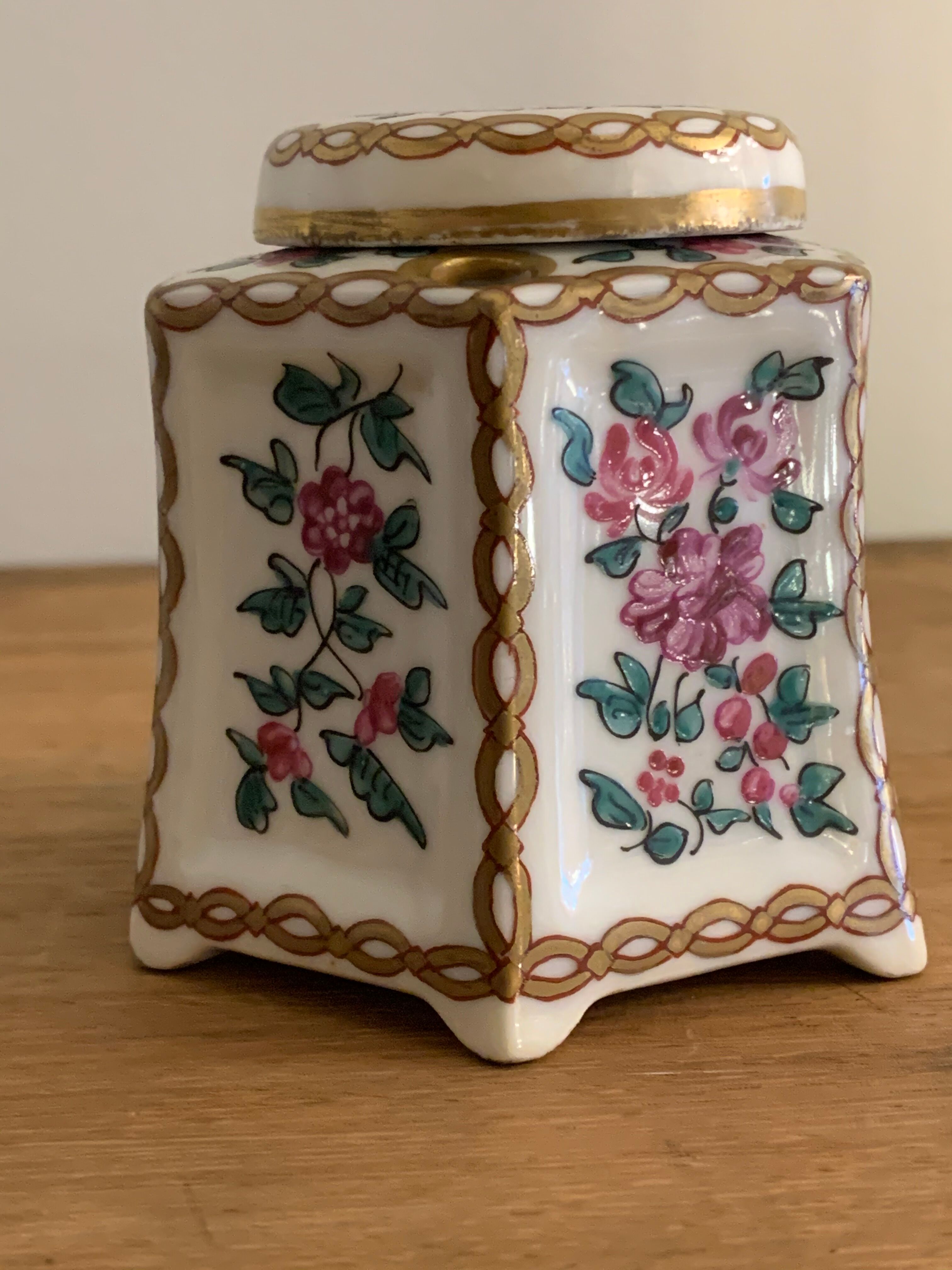 20th century polychrome porcelain inkwell floral decoration