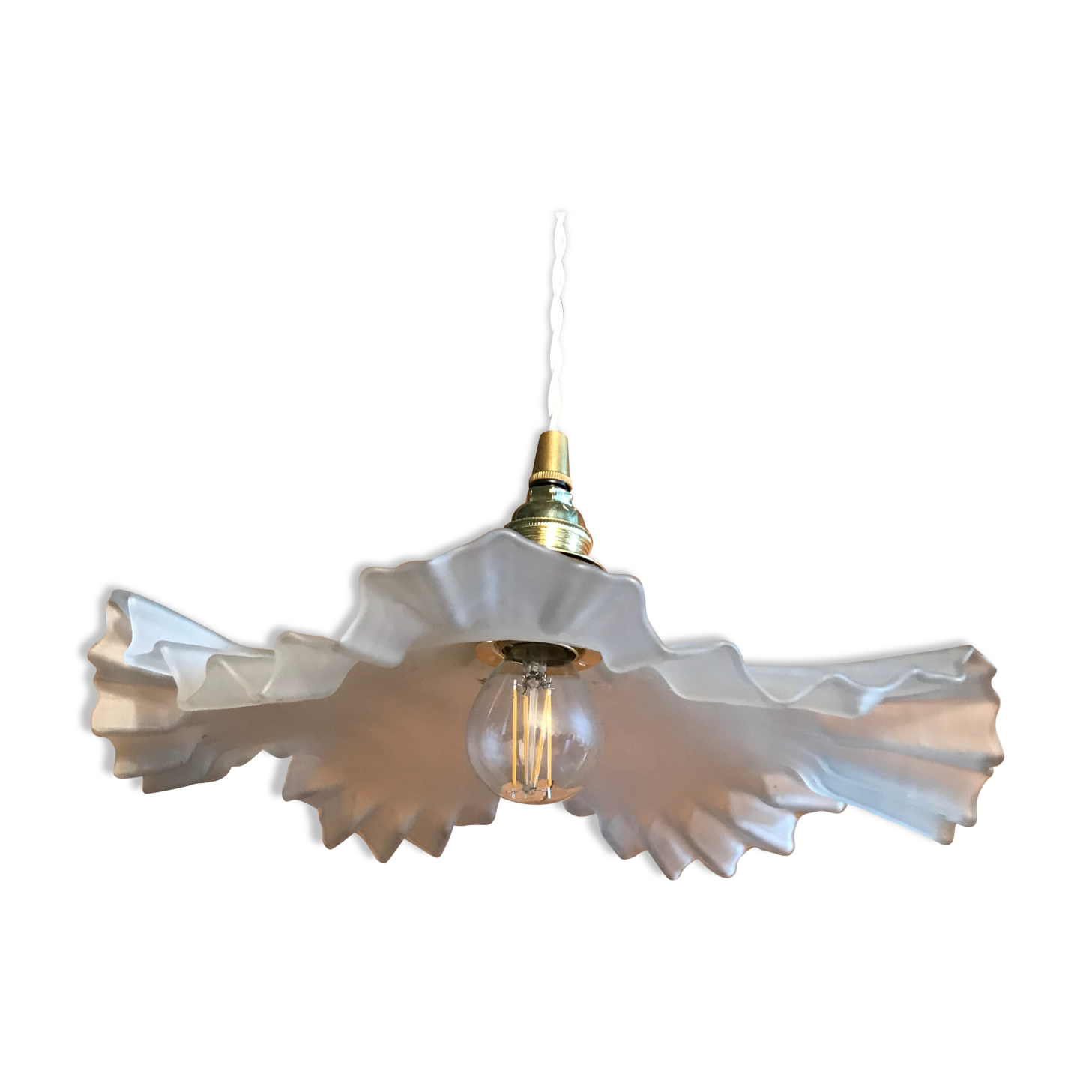 Vintage suspension lamp in pleated opaline