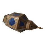 Oriental style hanging lantern in brass and dark blue glass