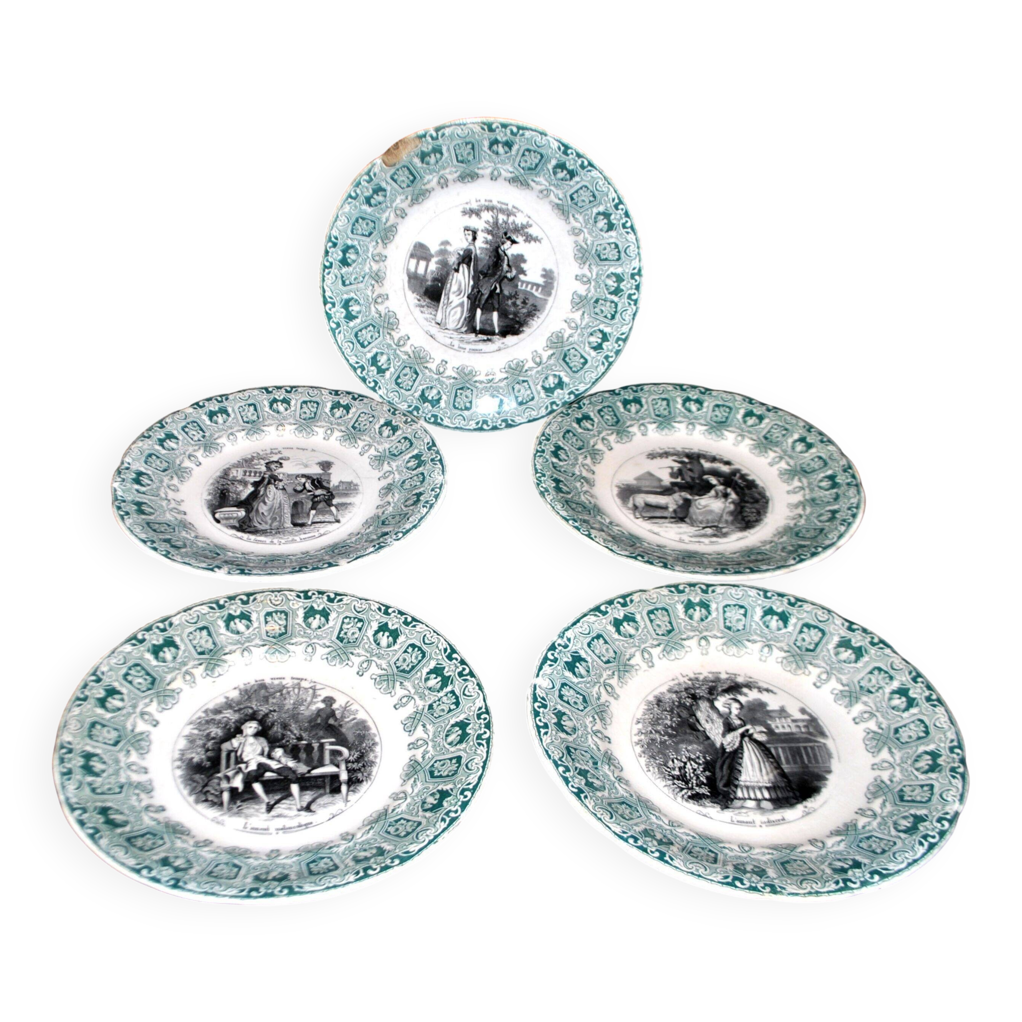 Sarreguemines set of 5 talking plates from the Bon Vieux Temps series, opaque earthenware.