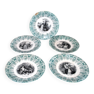 Sarreguemines set of 5 talking plates from the Bon Vieux Temps series, opaque earthenware.