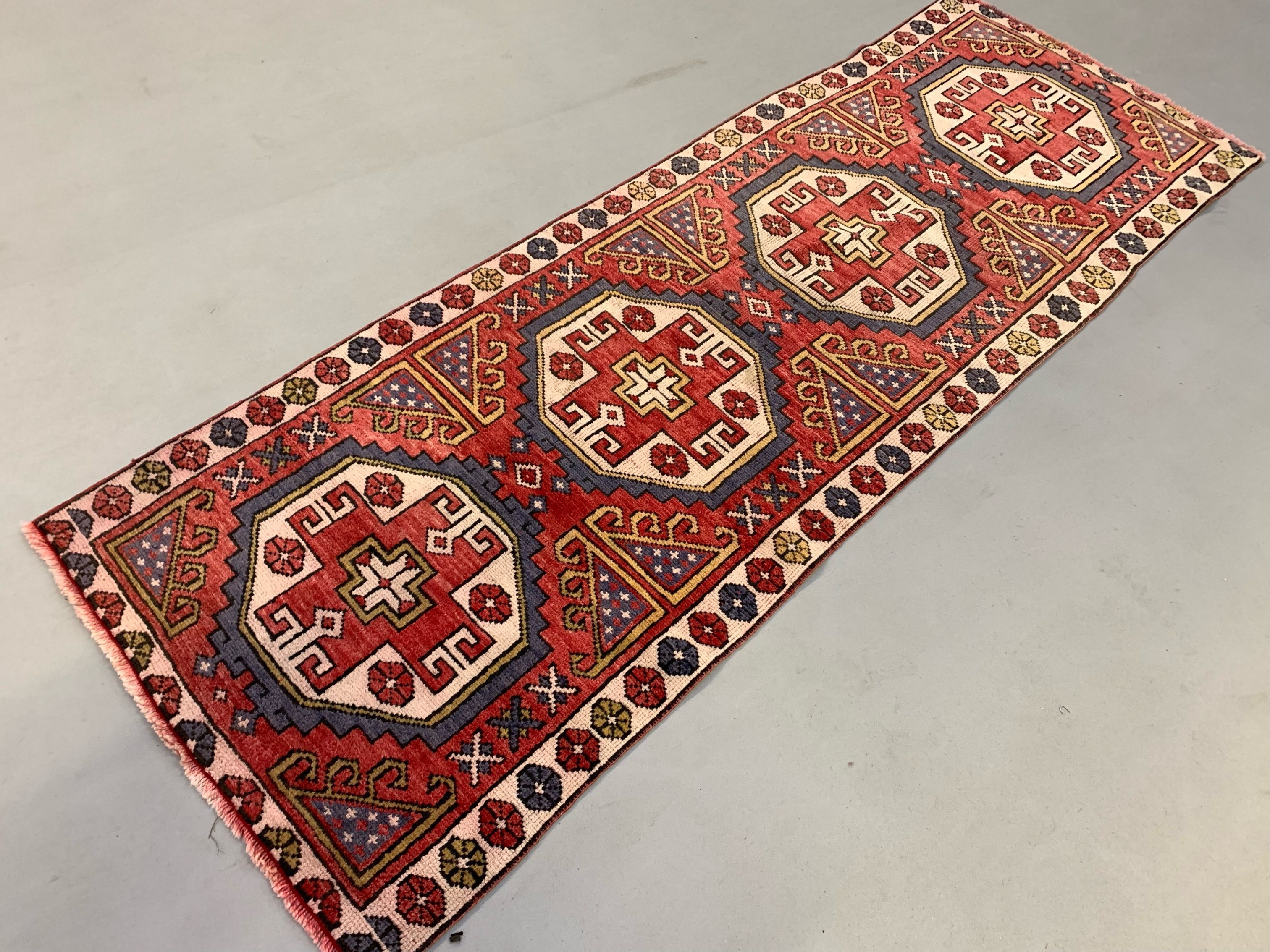 Vintage turkish runner 235x80 cm kazak rug, terracotta red, beige blue