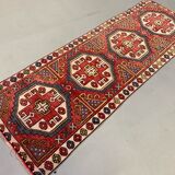 Vintage turkish runner 235x80 cm kazak rug, terracotta red, beige blue