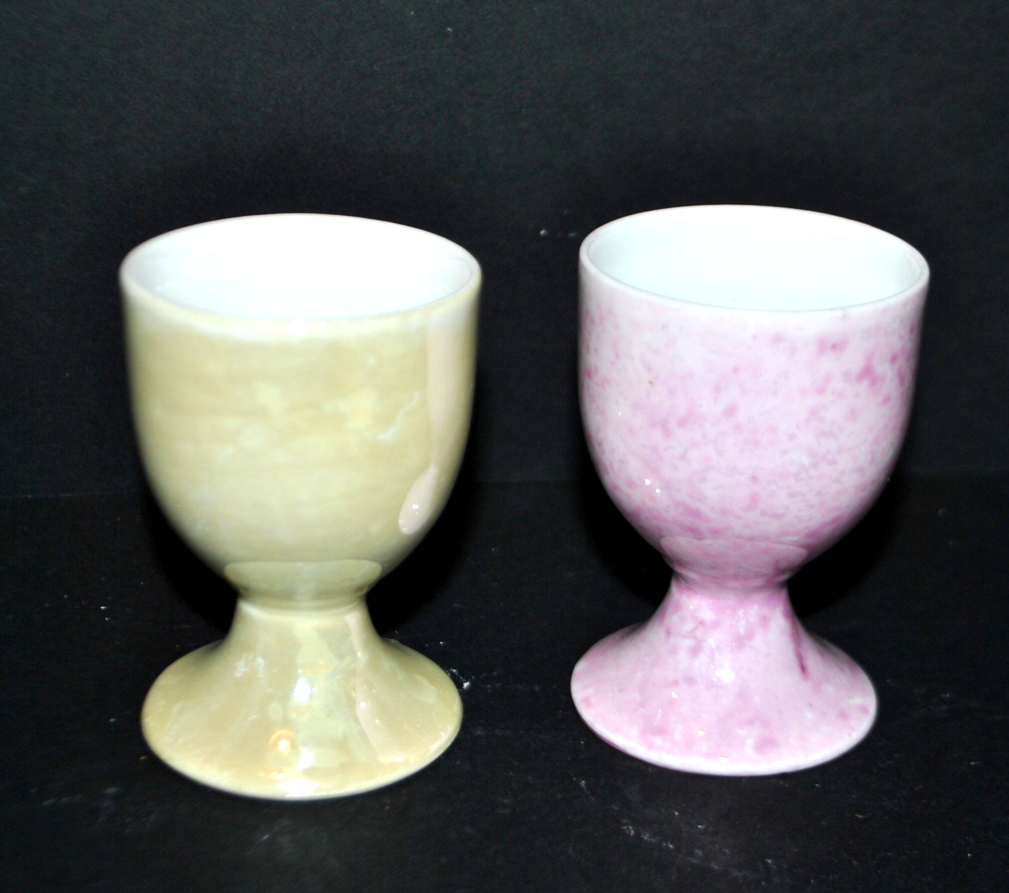 Set of 2 vintage pastel porcelain egg cups - yellow and iridescent pink