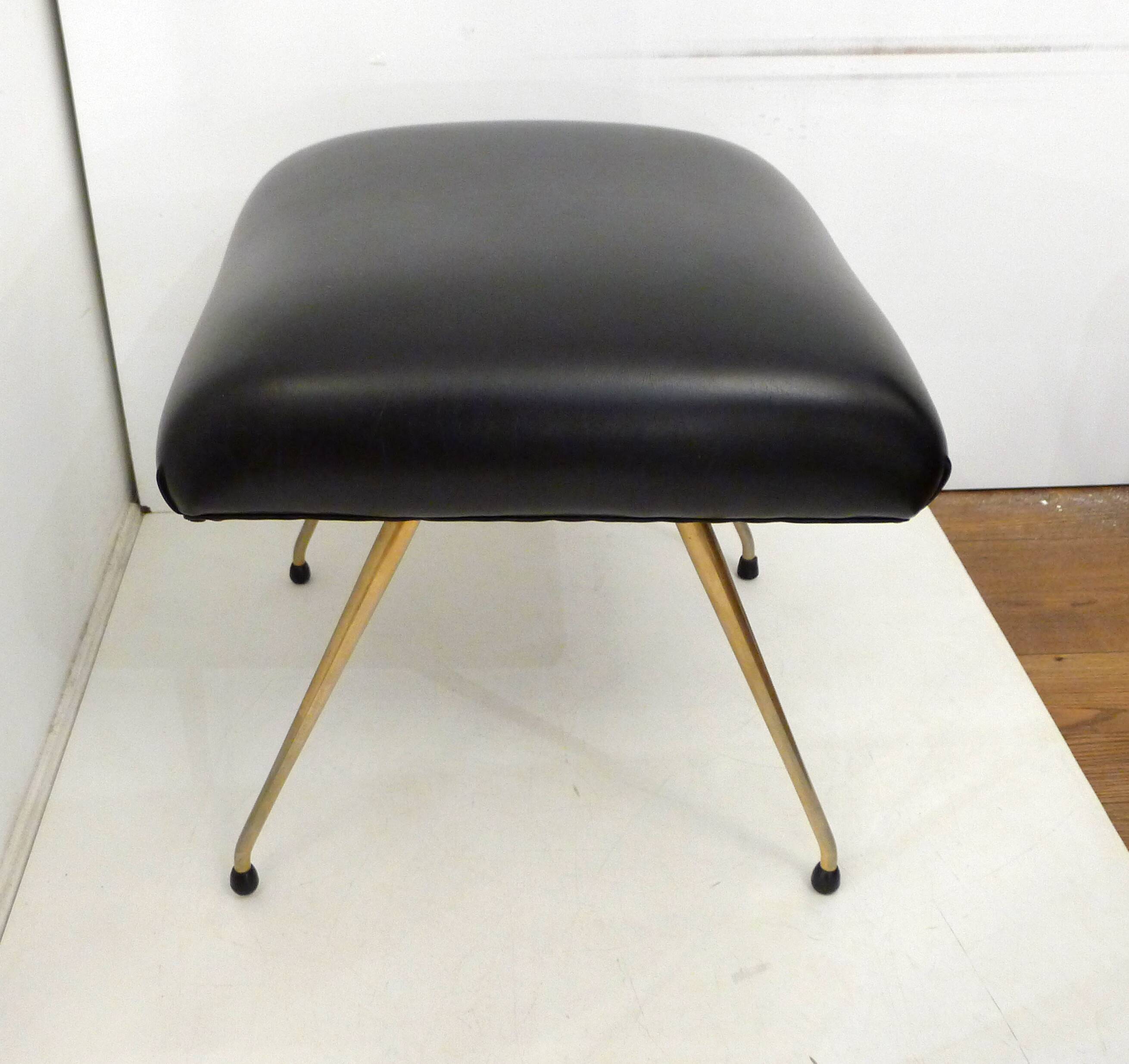 Footrest / stool 1960s with tapered gold legs & faux leather seat