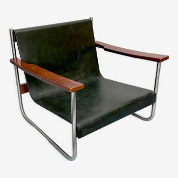 Vintage italian chrome and leather lounge armchair from 60s