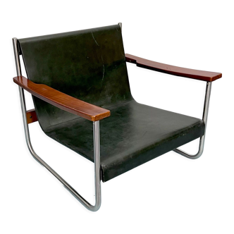 Vintage italian chrome and leather lounge armchair from 60s
