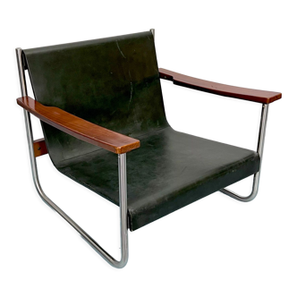 Fauteuil lounge vintage italien chrome et cuir des années 60