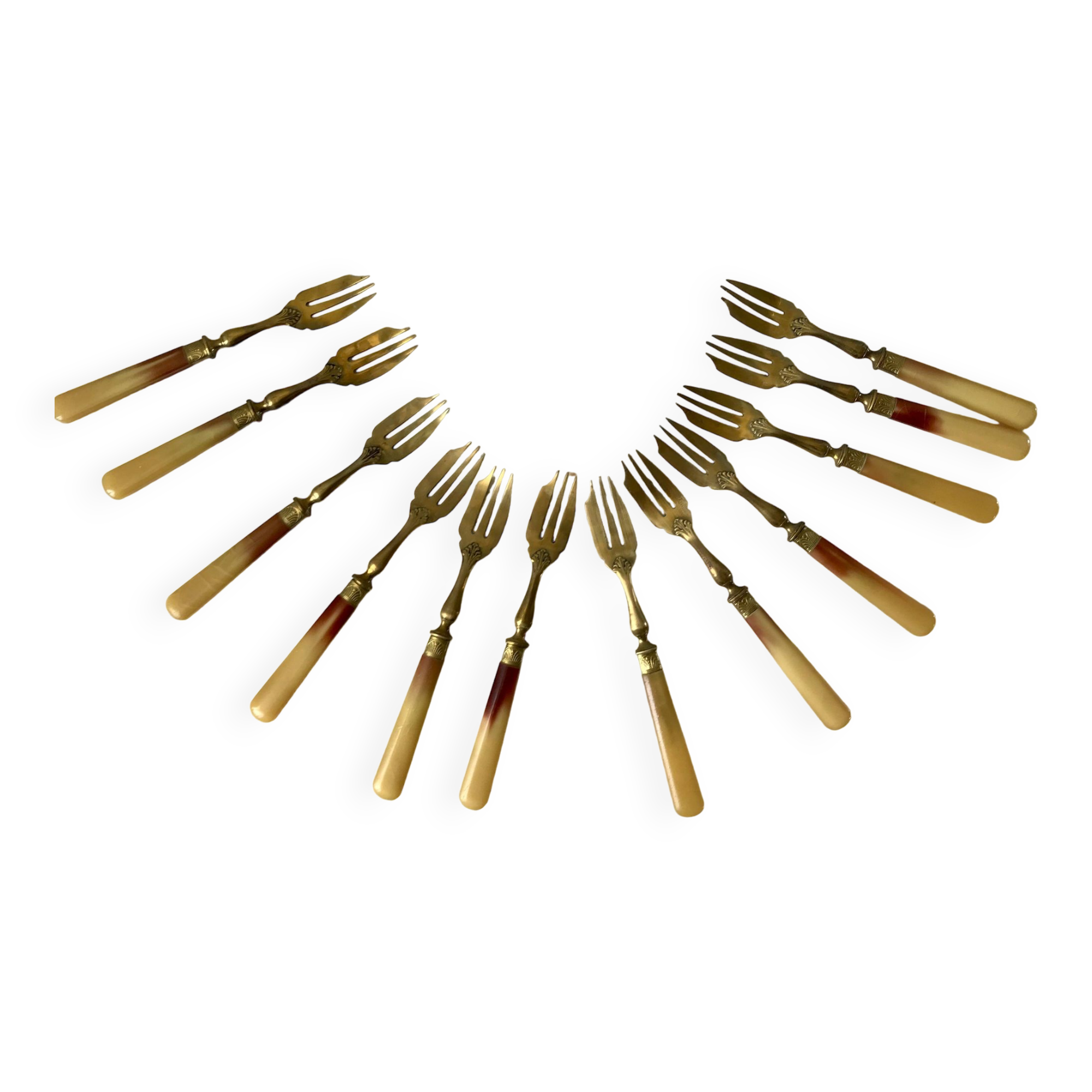 set of 12 horn dessert forks from the 50s
