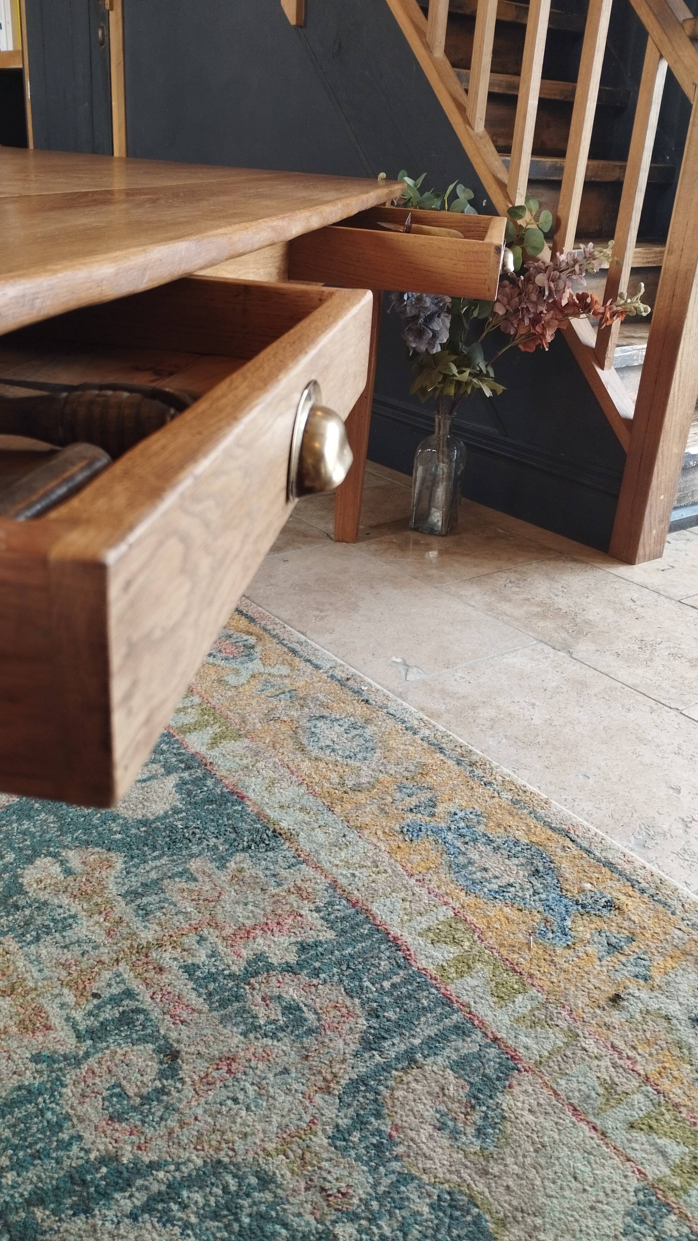 Solid oak farmhouse table, gilded and patinated, two drawers, 260 x 100 cm