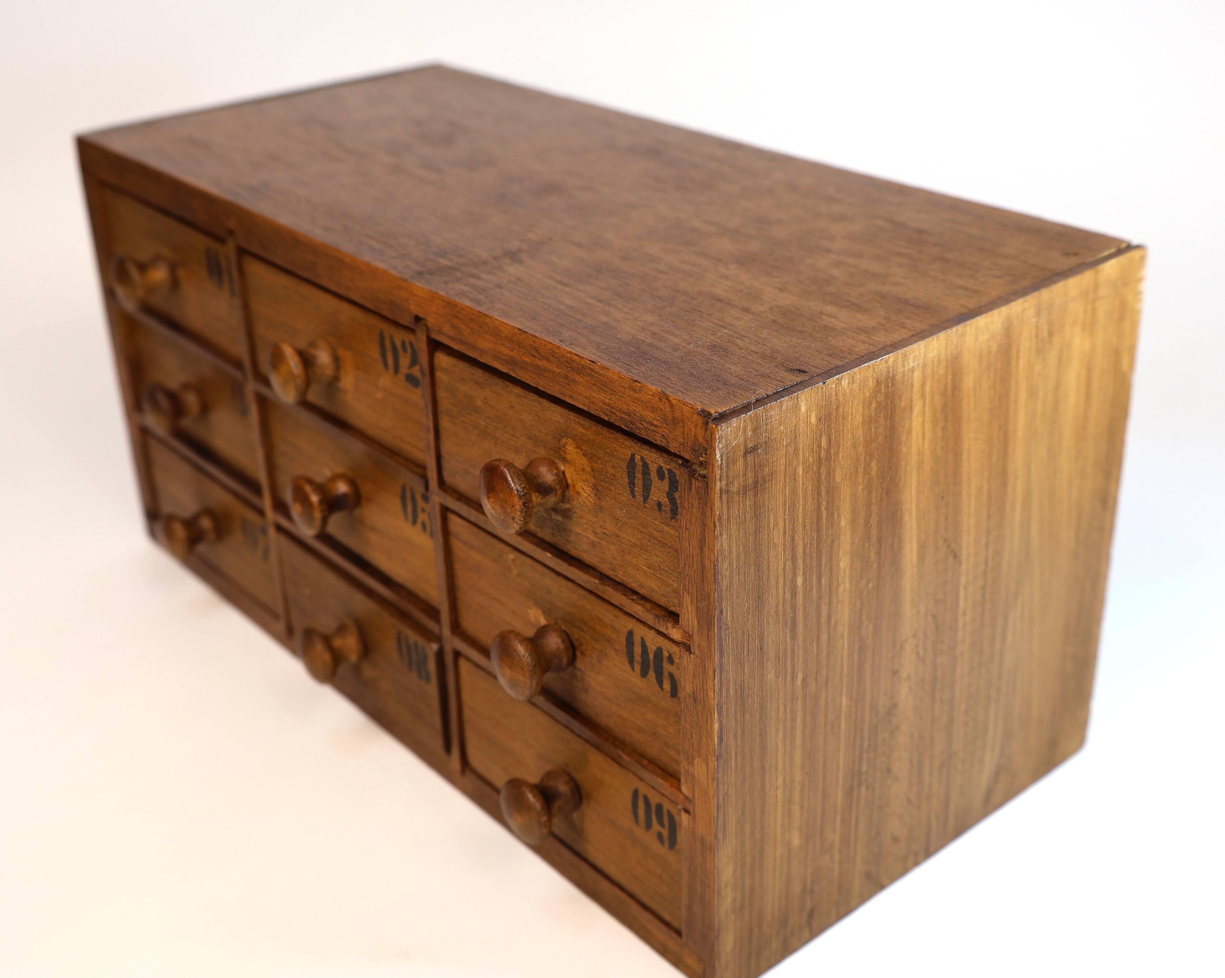 Small drawer unit, vintage wooden watchmaker's chest.