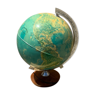 Globe vintage éclairé pied en bois monture argenté déco bureau ancien