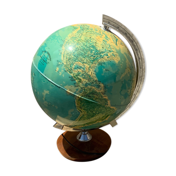 Globe vintage éclairé pied en bois monture argenté déco bureau ancien