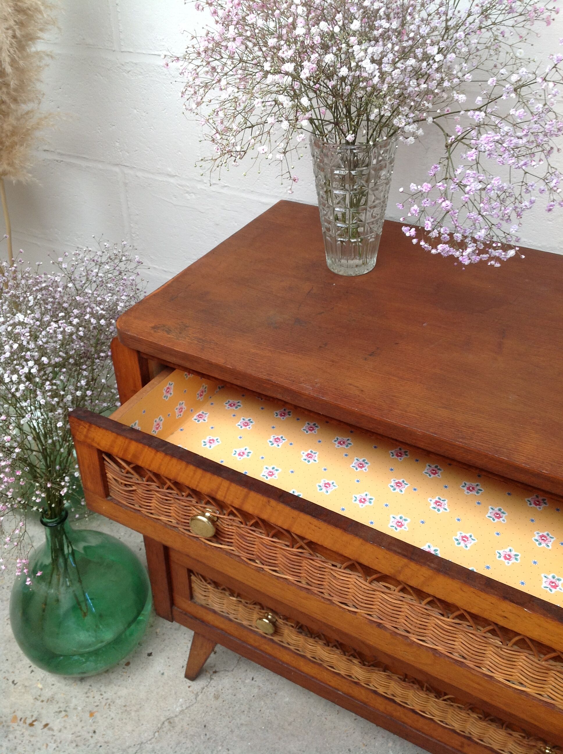 Vintage wooden and rattan dresser