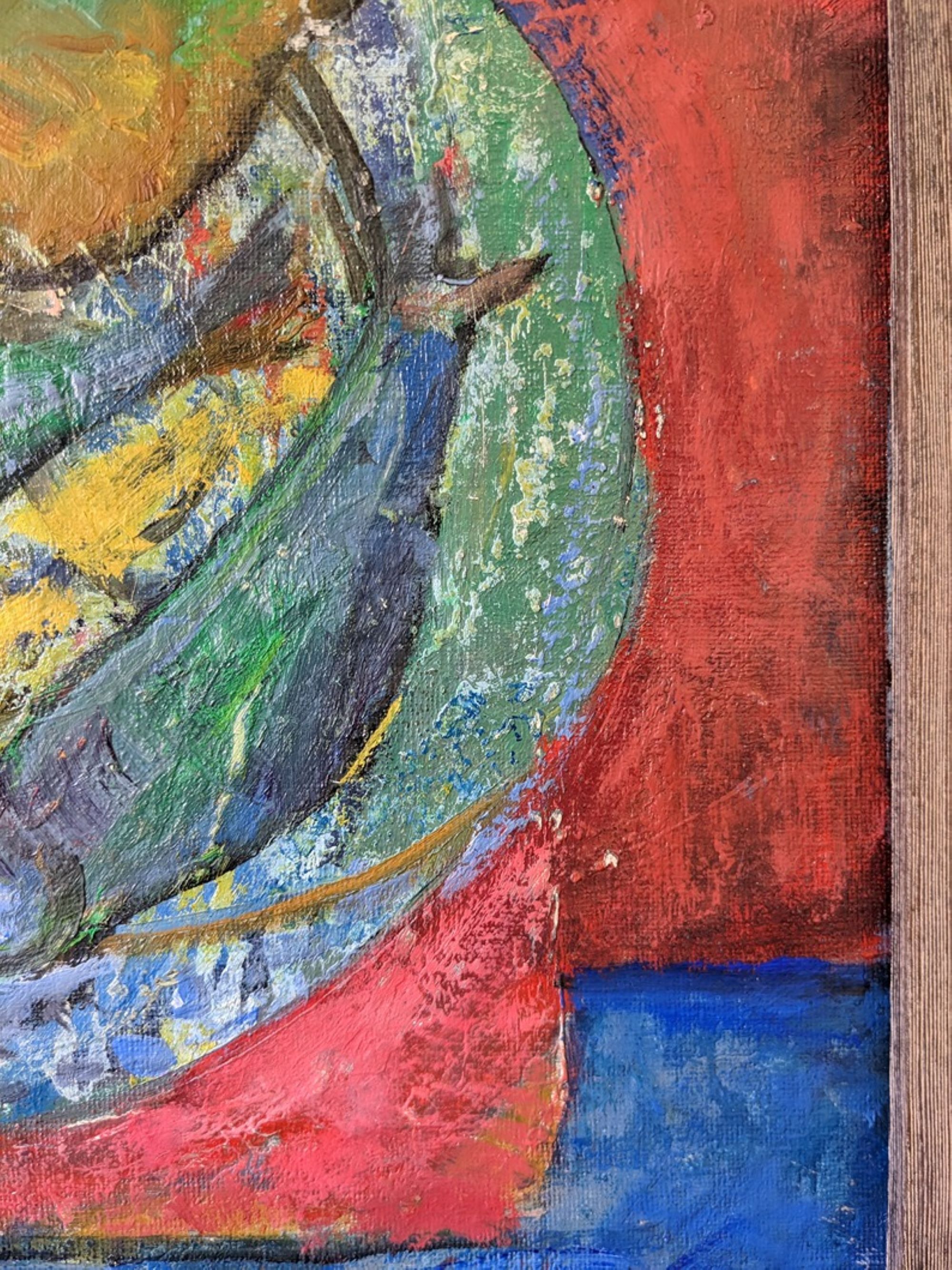 Mid-Century Modern Swedish "Fish & Fruit" Vintage Still Life Oil Painting, Framed