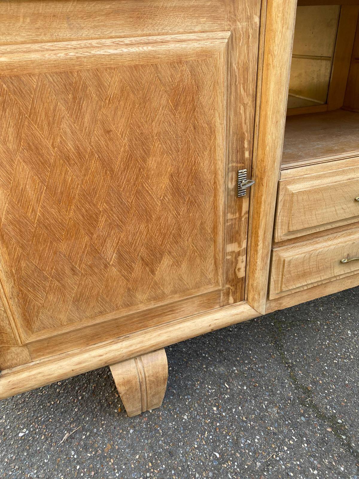 Renovated art deco sideboard in raw solid oak and gray marble 200cm