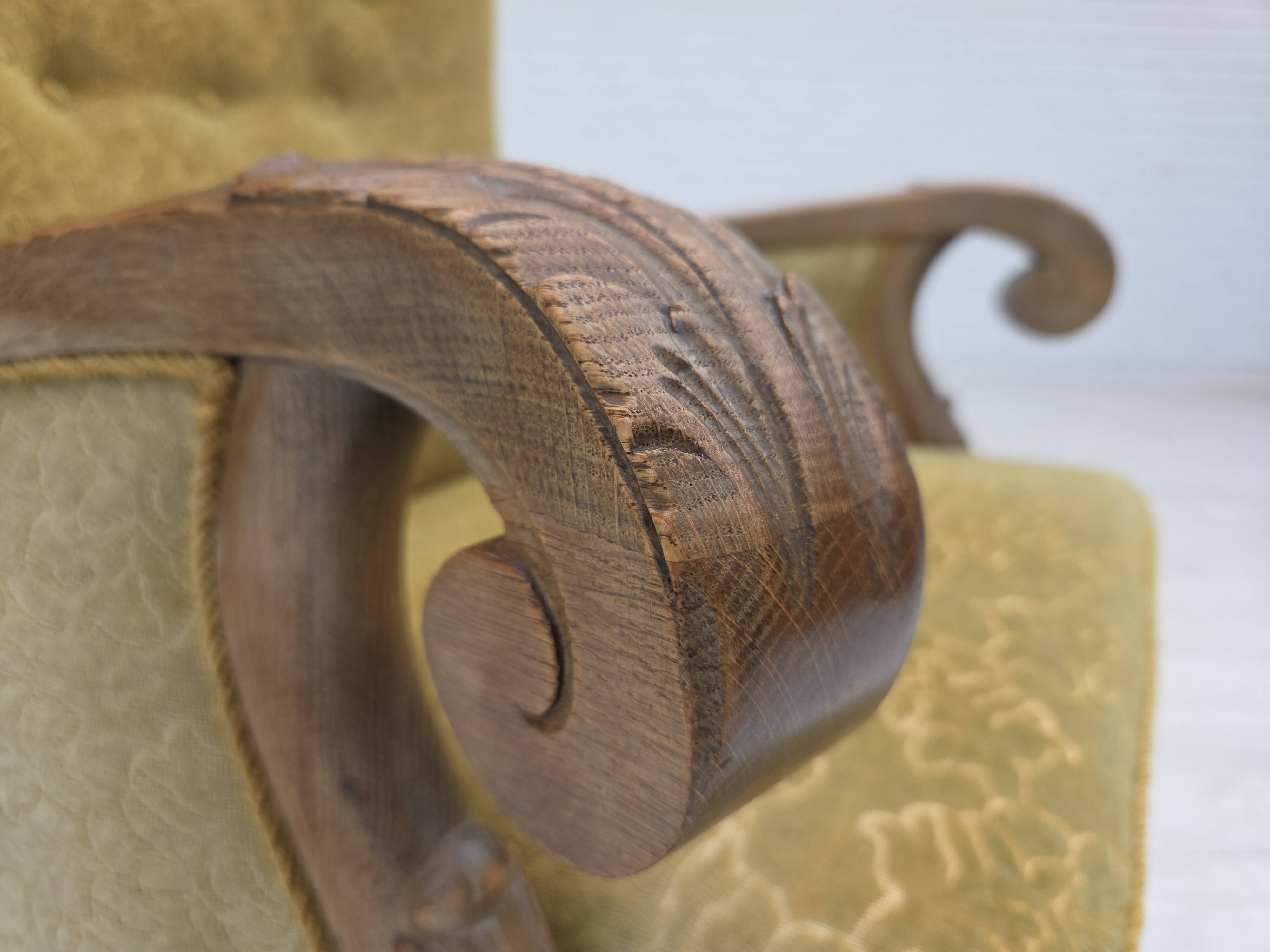 1960s, Danish highback armchair, furniture cotton/wool fabric, oak wood.