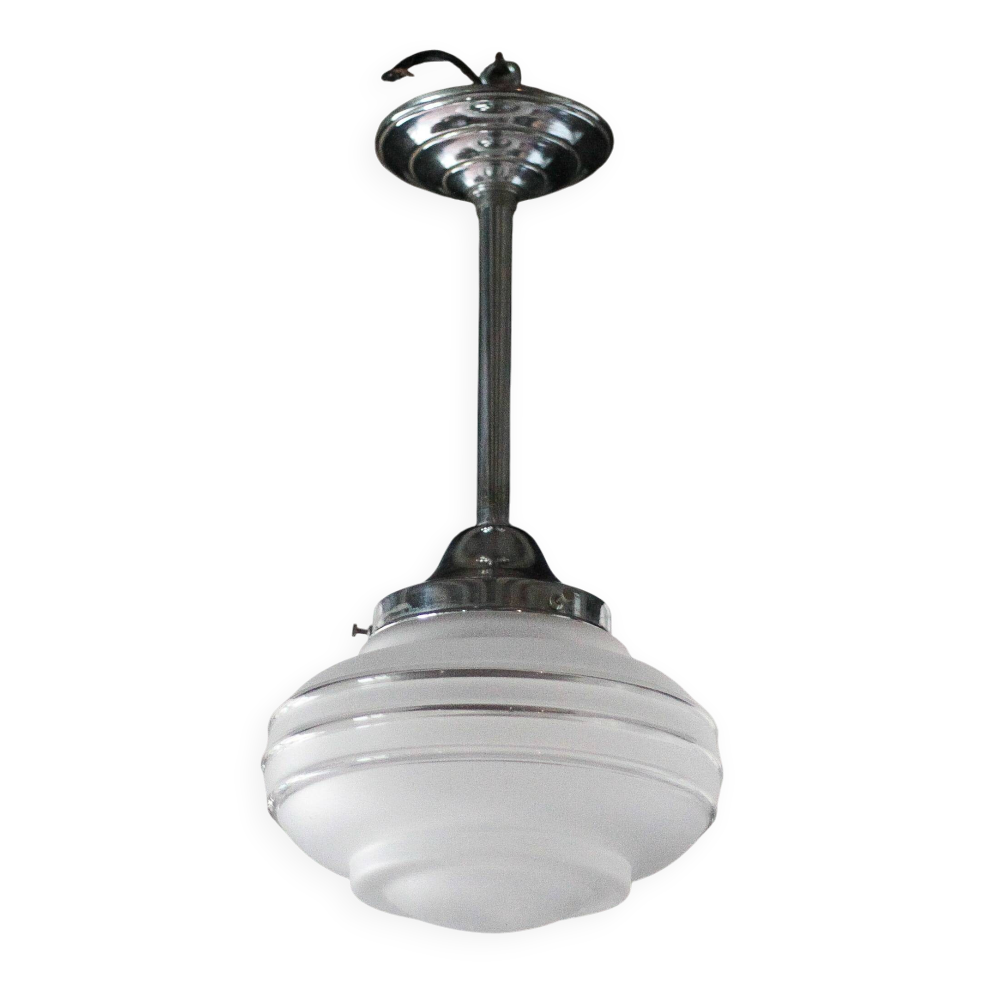 Art Deco pendant light, chrome metal suspension and glass globe, ceiling lamp.