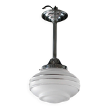 Art Deco pendant light, chrome metal suspension and glass globe, ceiling lamp.