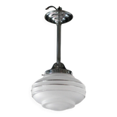Art Deco pendant light, chrome metal suspension and glass globe, ceiling lamp.