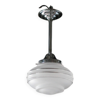 Art Deco pendant light, chrome metal suspension and glass globe, ceiling lamp.