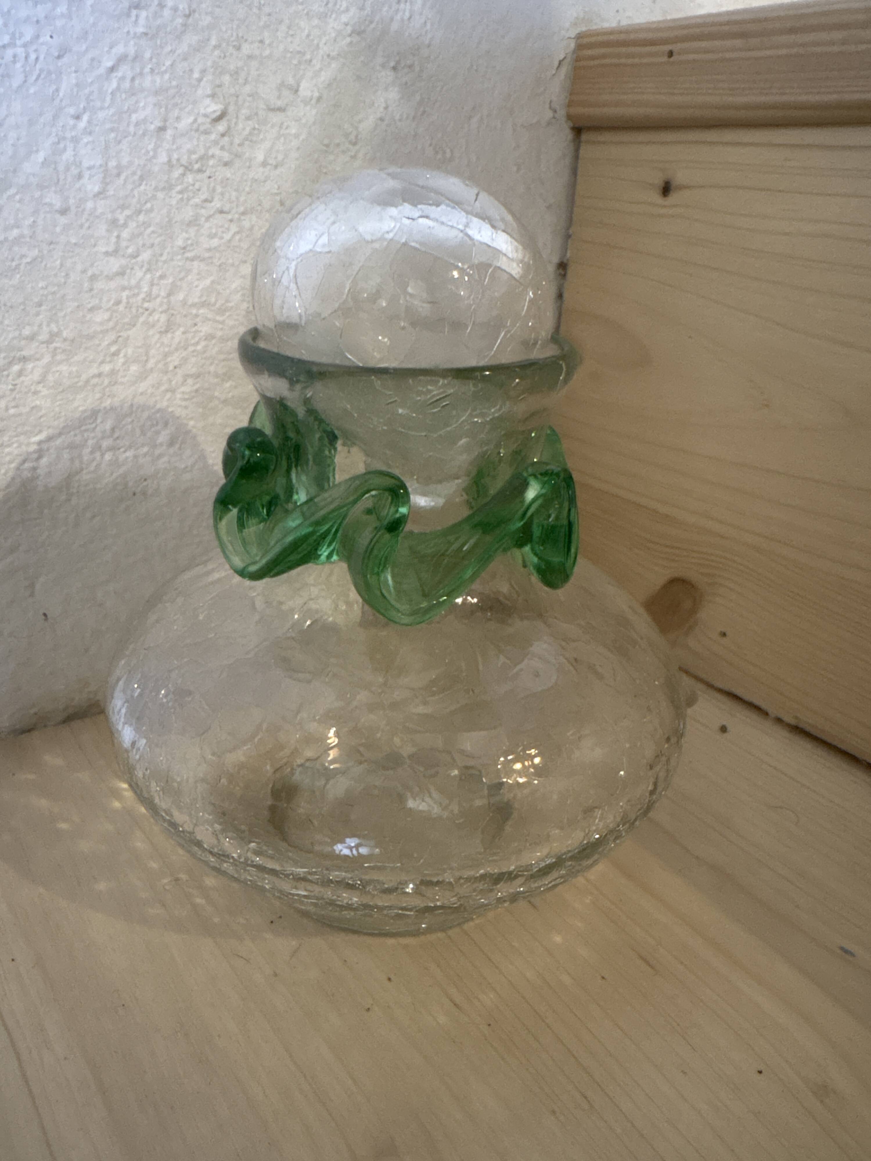 Vintage cracked glass carafe with green collar MCM – 1950s