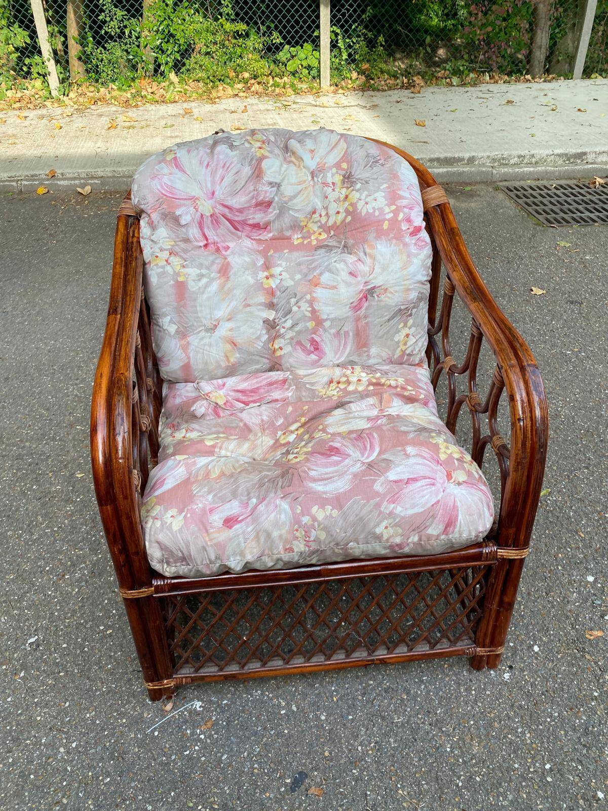 Adult burgundy rattan and wicker armchair with cushion 1970