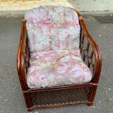 Adult burgundy rattan and wicker armchair with cushion 1970