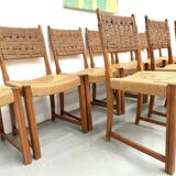 Série de dix chaises en orme massif tressées main, France circa 1965